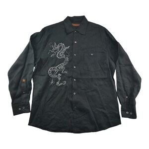 Tori Richard L Black Linen Dragon Embroidery Shirt Mens Luxury